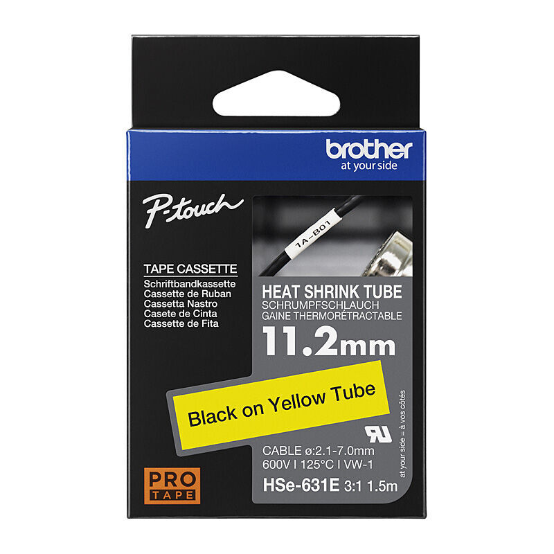 Brother HSe-631E Heat-Shrink Tube Tape, 11.2 mm × 1.5 m, Black on Yellow