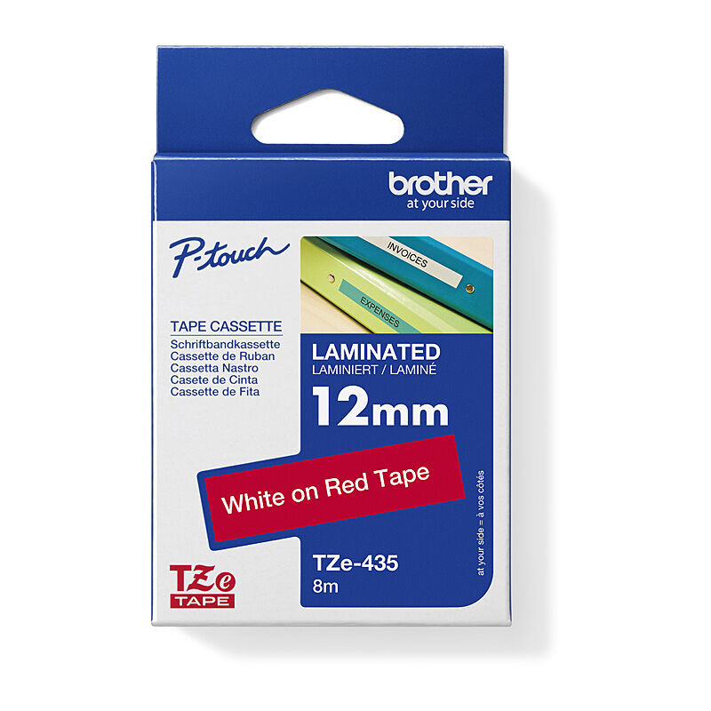 Brother TZe-435 White on Red, 12 mm × 8 m Laminated Label Tape