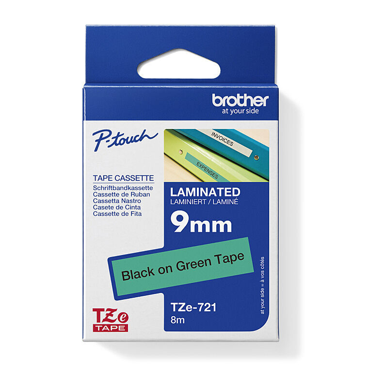 Brother TZe-721 Black on Green, 9 mm × 8 m Laminated Label Tape