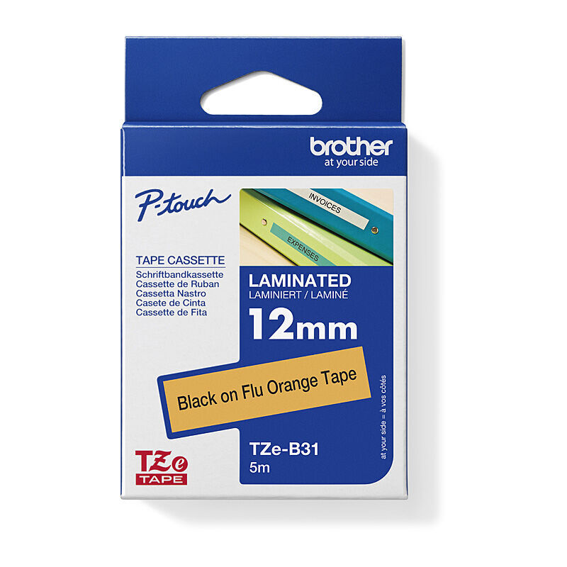 Brother TZe-B31 Black on Orange, 12 mm × 5 m Fluorescent Laminated Label Tape