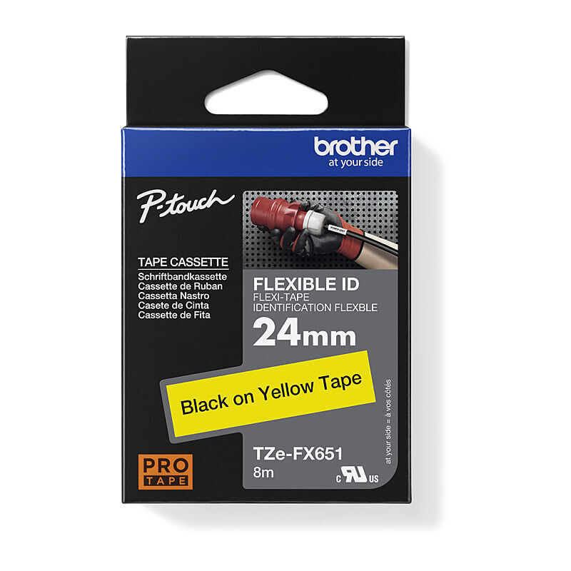 Brother TZe-FX651 Black on Yellow, 24 mm × 8 m Flexible ID Label Tape