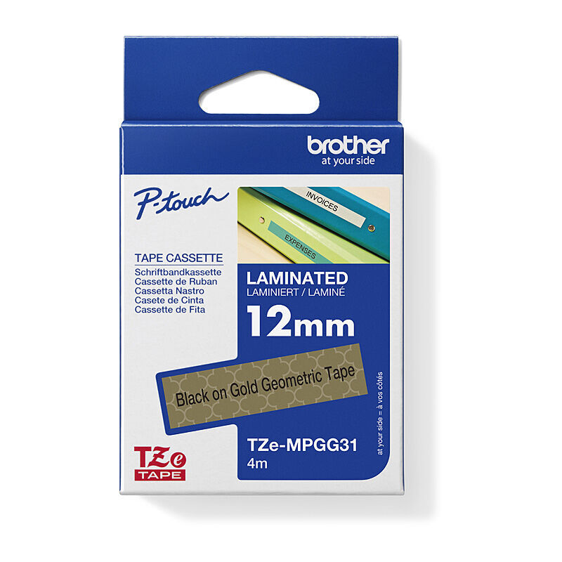 Brother TZe-MPGG31 Black on Gold Geometric, 12 mm × 4 m Patterned Laminated Label Tape