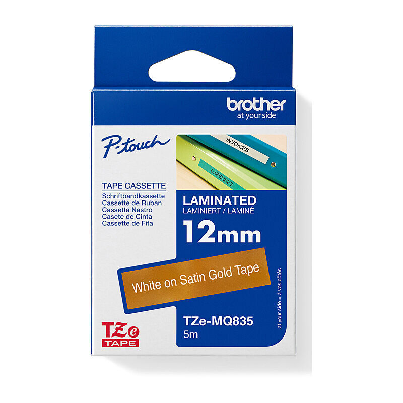 Brother TZe-MQ835 White on Gold, 12 mm × 5 m Decorative Laminated Label Tape