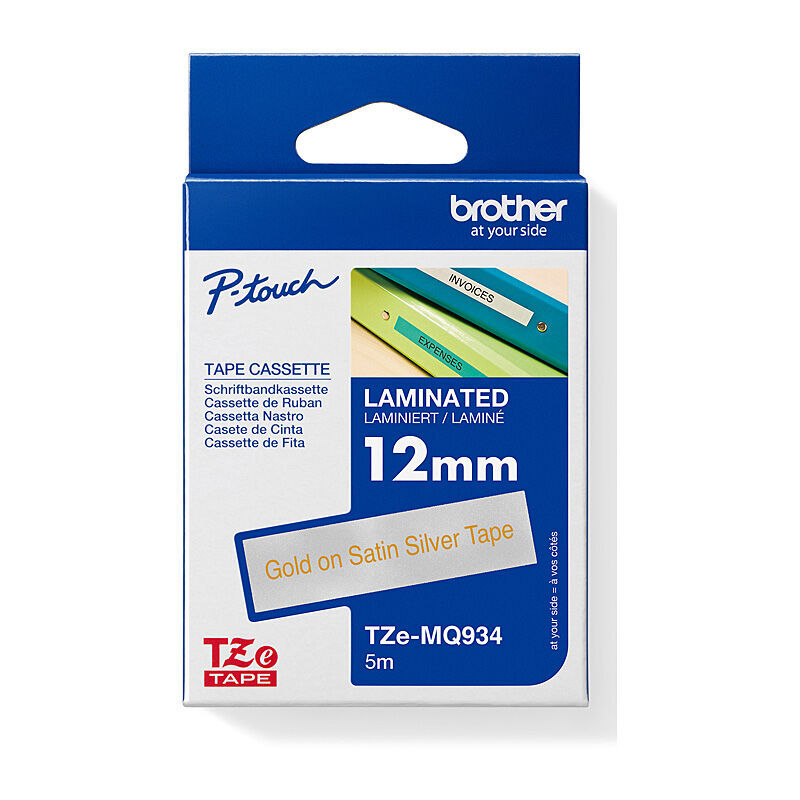 Brother TZe-MQ934 Gold on Silver, 12 mm × 5 m Decorative Laminated Label Tape