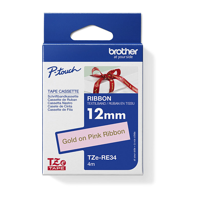 Brother TZe-RE34 Gold on Pink, 12 mm × 4 m Non-Adhesive Ribbon