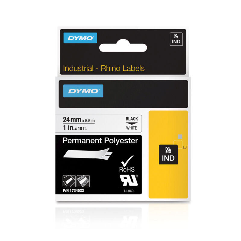 DYMO Rhino 1734523 Permanent Polyester Label Tape, Black on White, 24 mm × 5.5 m