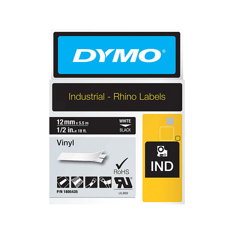 DYMO Rhino 1805435 Vinyl Label Tape, White on Black, 12 mm × 5.5 m