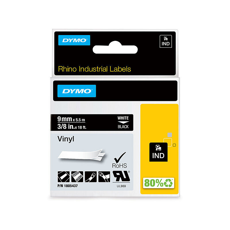 DYMO Rhino 1805437 Vinyl Label Tape, White on Black, 9 mm × 5.5 m