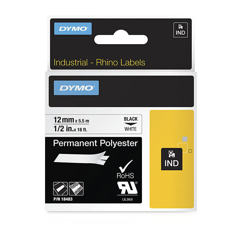 DYMO Rhino 18483 Permanent Polyester Label Tape, 12 mm × 5.5 m, Black on White