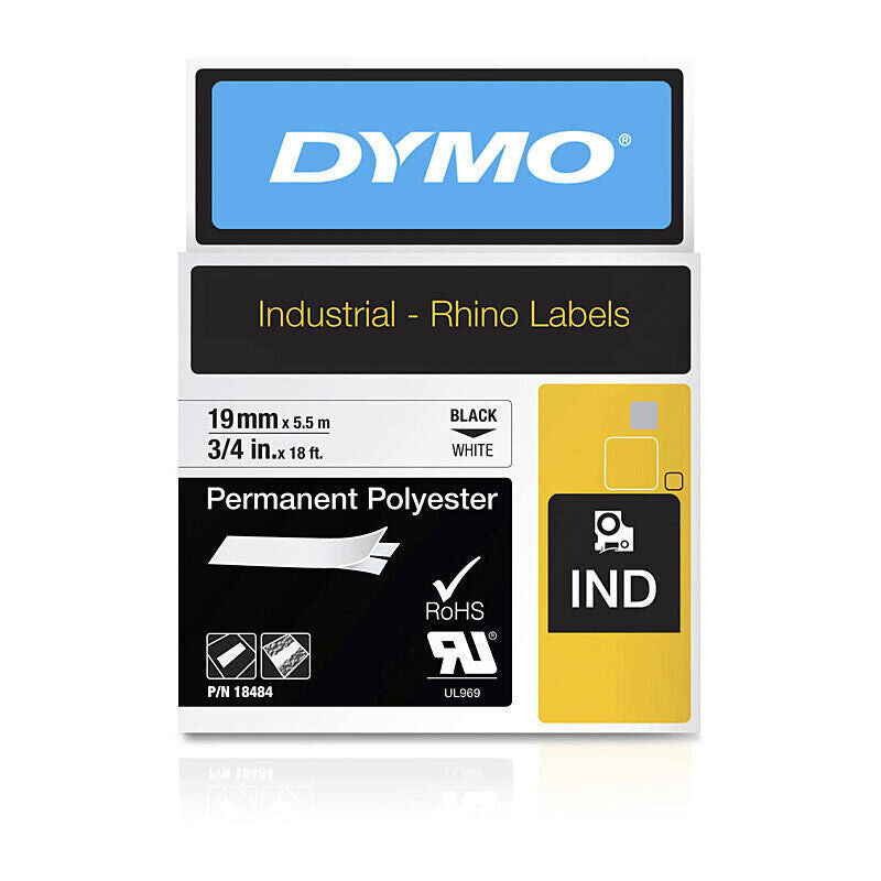 DYMO Rhino 18484 Permanent Polyester Label Tape, 19 mm × 5.5 m, Black on White
