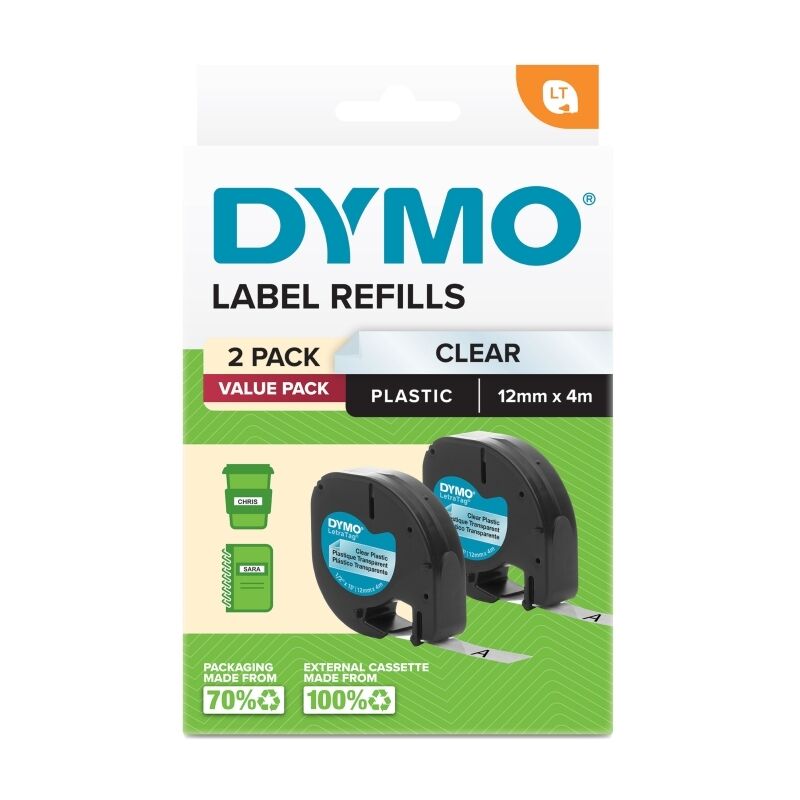 DYMO LetraTag 2191233 Plastic Label Tape, Black on Clear, 12 mm × 4 m, Pack of 2