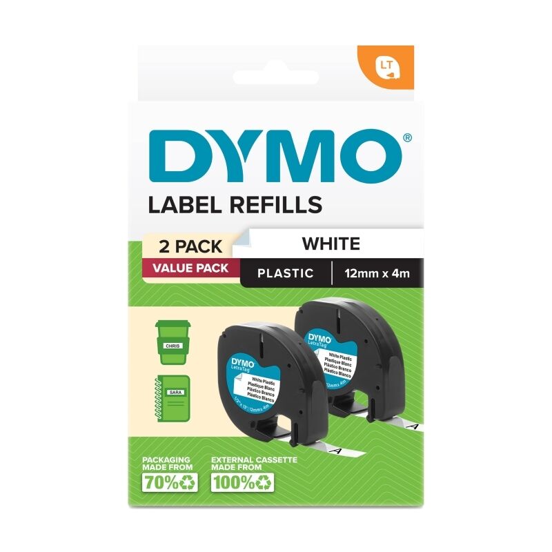 DYMO LetraTag 2191235 Plastic Label Tape, Black on White, 12 mm × 4 m, Pack of 2