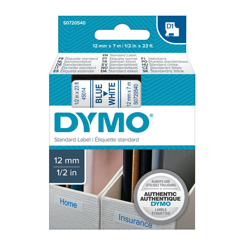 DYMO D1 S0720540 Label Tape, 12 mm × 7 m, Blue on White