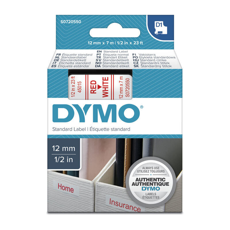 DYMO D1 S0720550 Label Tape, 12 mm × 7 m, Red on White