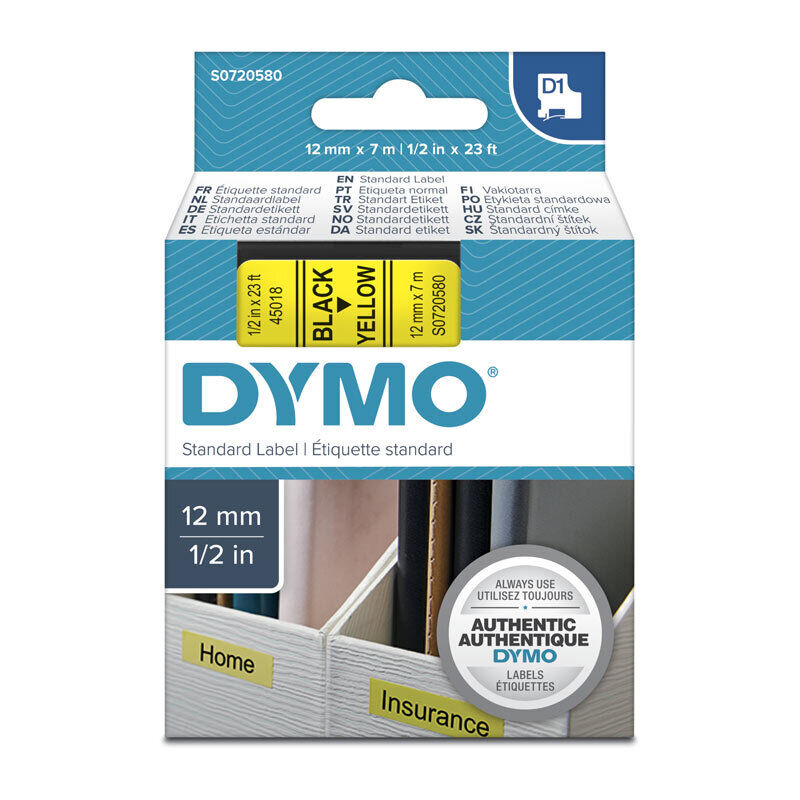 DYMO D1 S0720580 Label Tape, 12 mm × 7 m, Black on Yellow