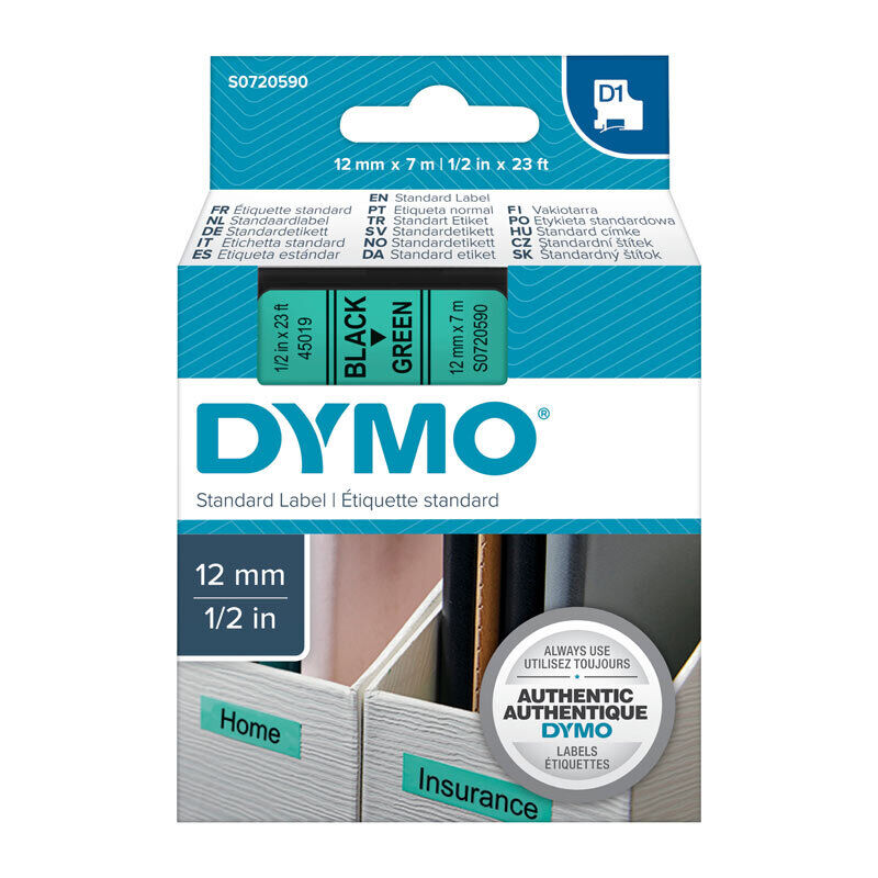 DYMO D1 S0720590 Label Tape, 12 mm × 7 m, Black on Green