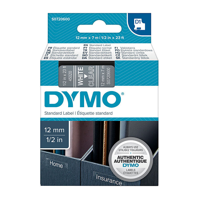 DYMO D1 S0720600 Label Tape, 12 mm × 7 m, White on Clear