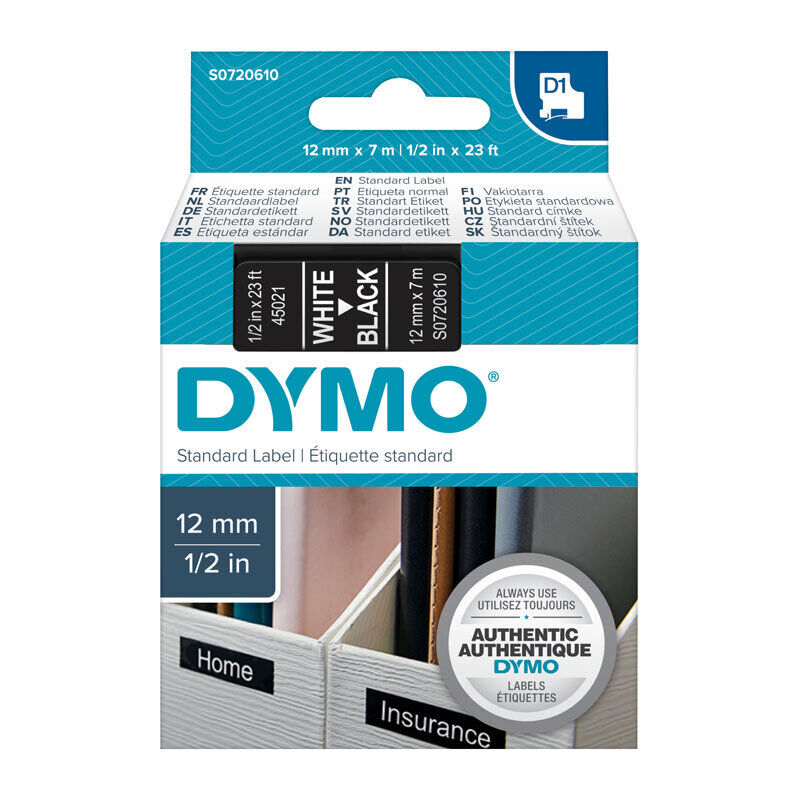 DYMO D1 S0720610 Label Tape, 12 mm × 7 m, White on Black