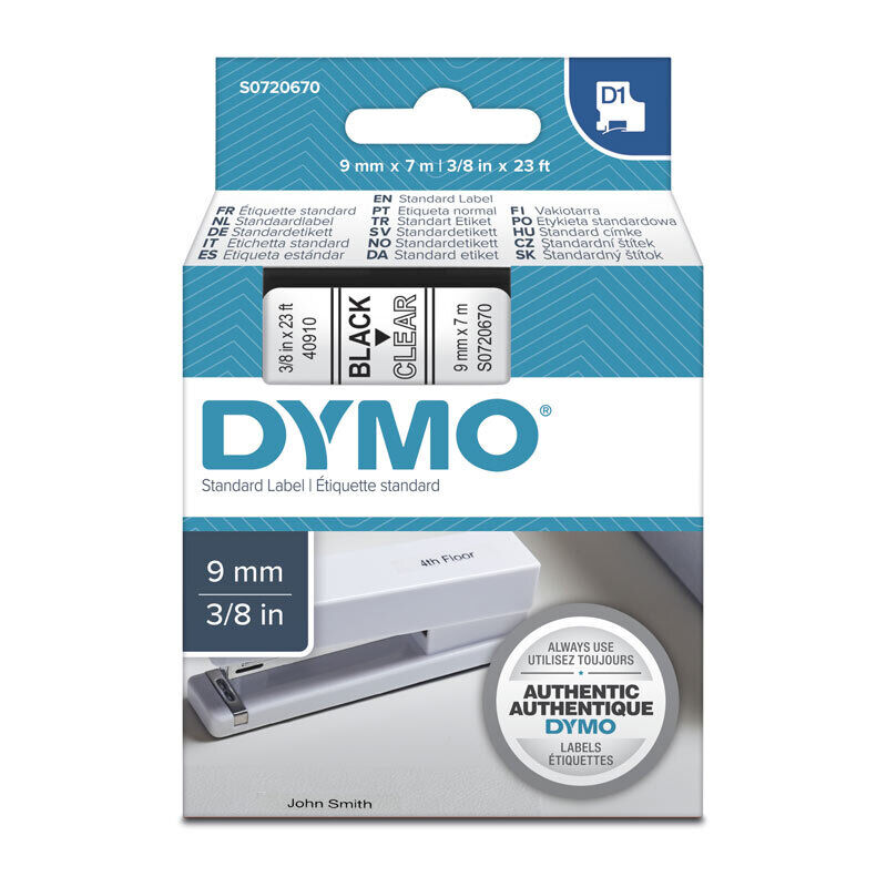 DYMO D1 S0720670 Label Tape, 9 mm × 7 m, Black on Clear