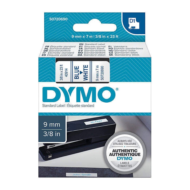 DYMO D1 S0720690 Label Tape, 9 mm × 7 m, Blue on White