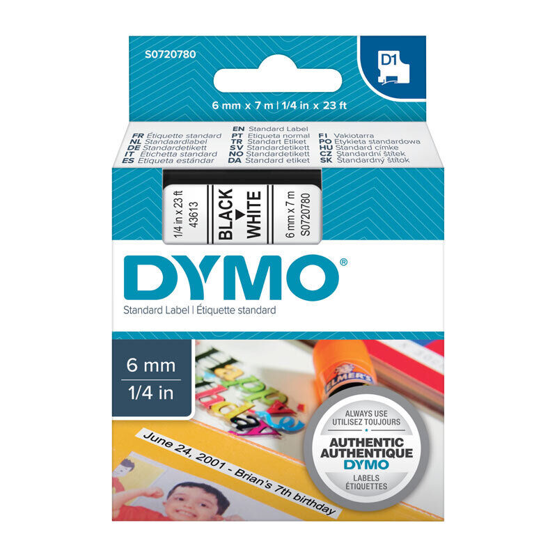 DYMO D1 S0720780 Label Tape, 6 mm × 7 m, Black on White