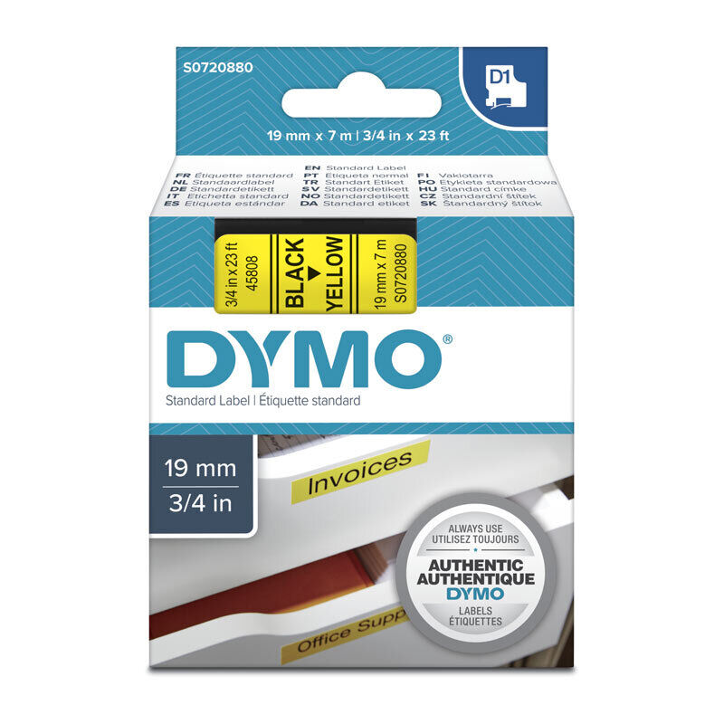 DYMO D1 S0720880 Label Tape, 19 mm × 7 m, Black on Yellow