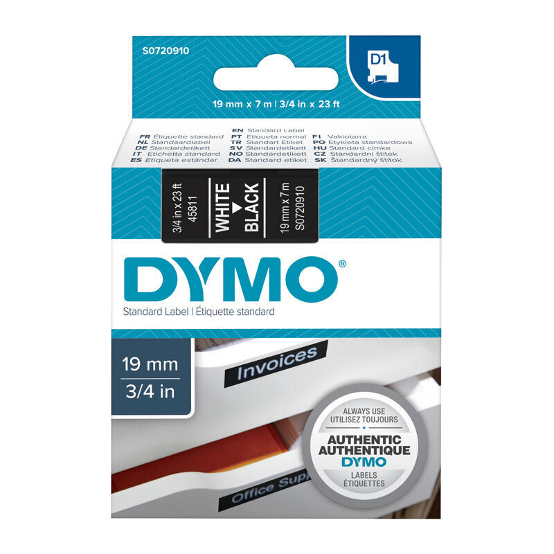 DYMO D1 S0720910 Label Tape, 19 mm × 7 m, White on Black