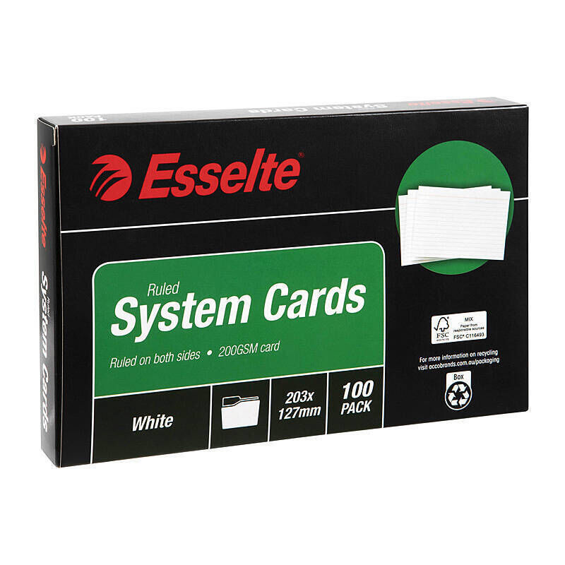 Esselte White Ruled System Cards, 203 × 127 mm, Pack of 100