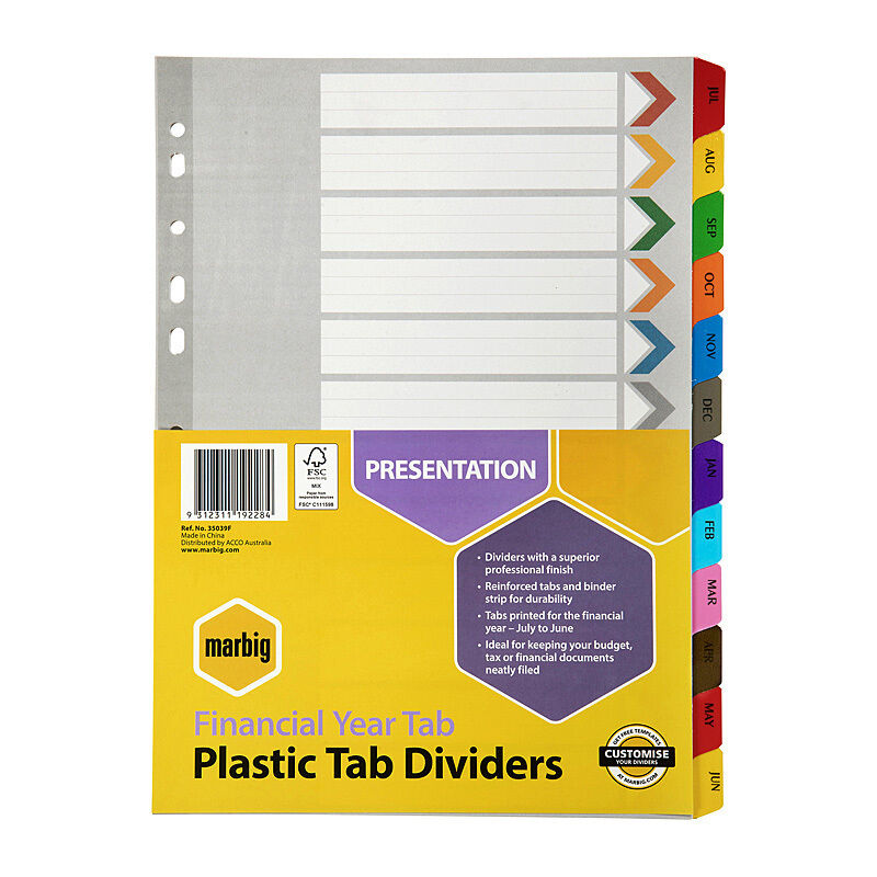 Marbig A4 Financial Year Index Dividers, Reinforced Tabs