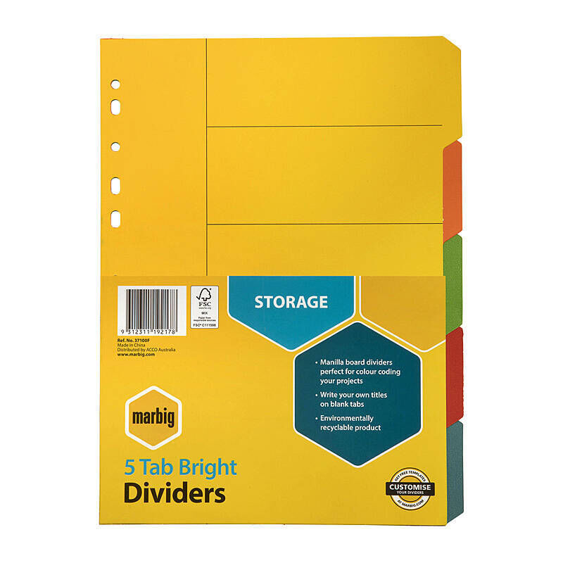 Marbig A4 Manilla Index Dividers, 5 Bright Tabs
