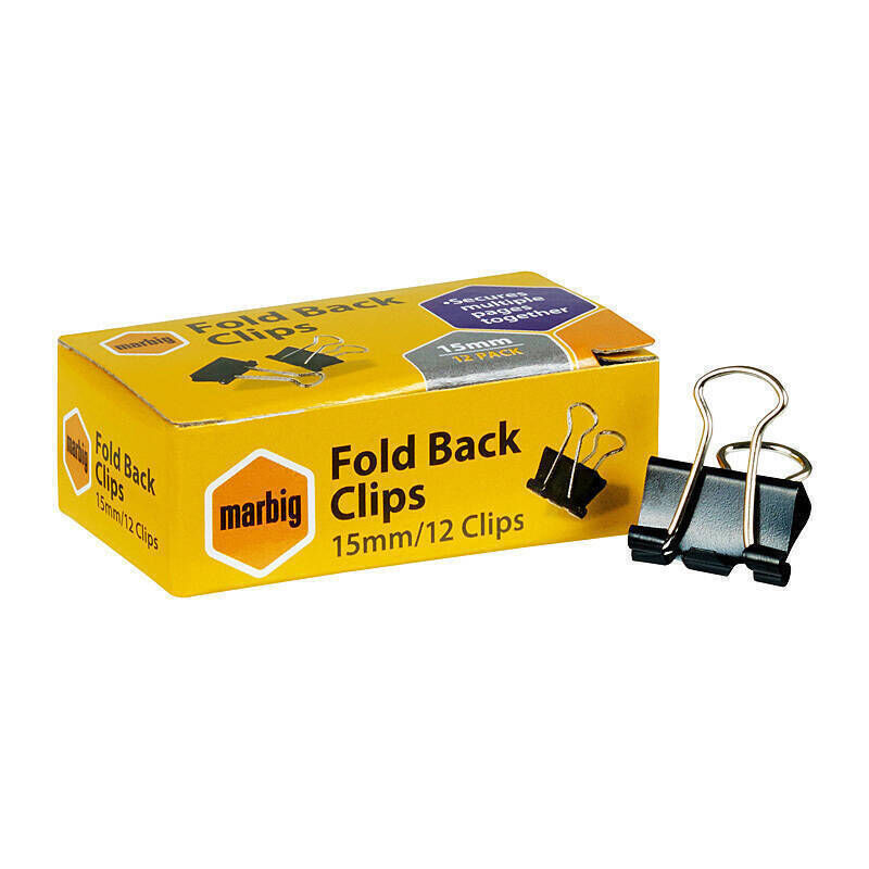 Marbig Foldback Clips, 15 mm, Box of 12