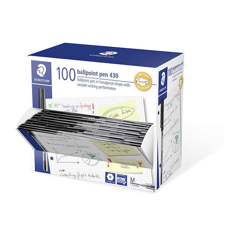 Staedtler 430 Medium Ballpoint Pens, Black, Box of 100