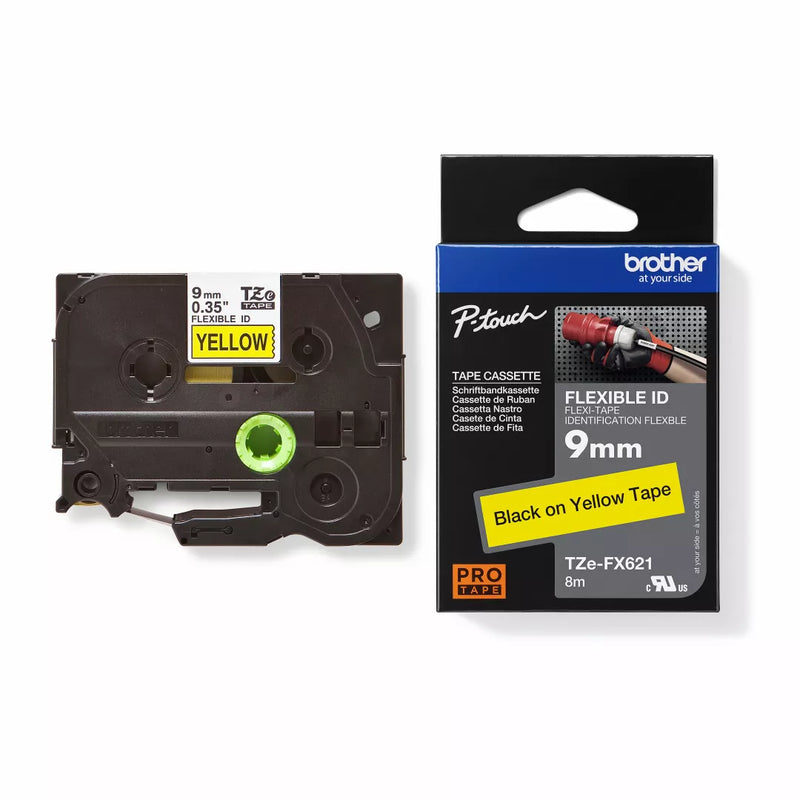 Brother TZe-FX621 Black on Yellow, 9 mm × 8 m Flexible ID Label Tape