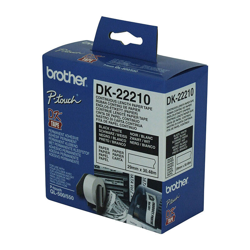 Brother DK-22210 Continuous White Paper Roll, 29 mm × 30.48 m