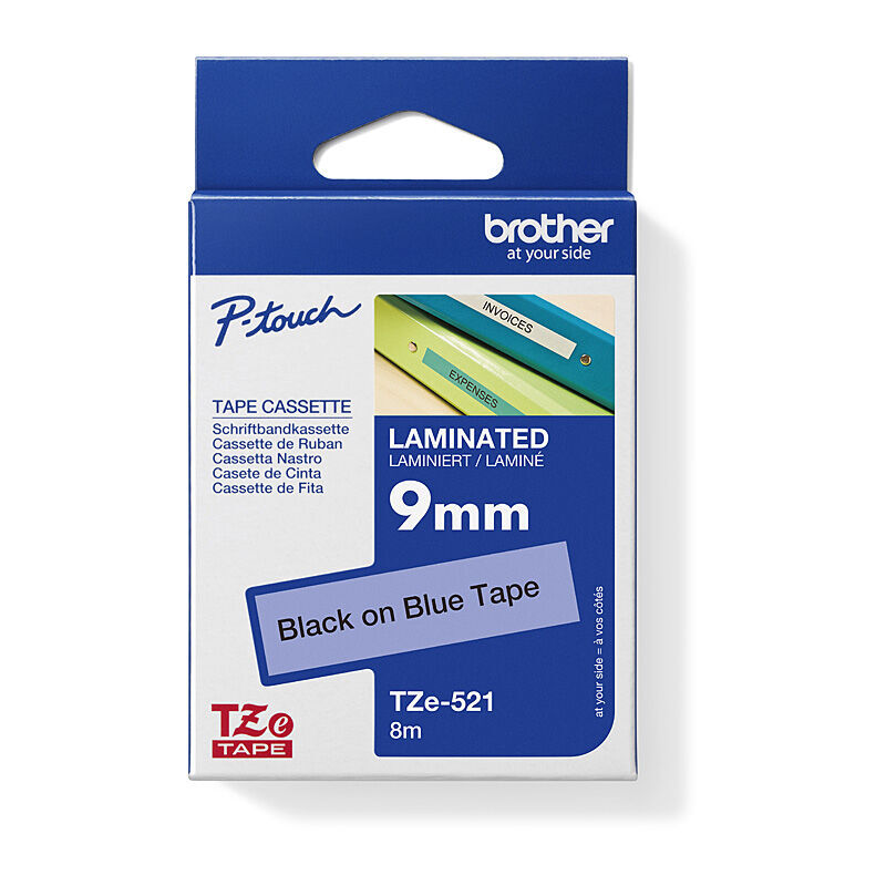 Brother TZe-521 Black on Blue, 9 mm × 8 m Laminated Label Tape