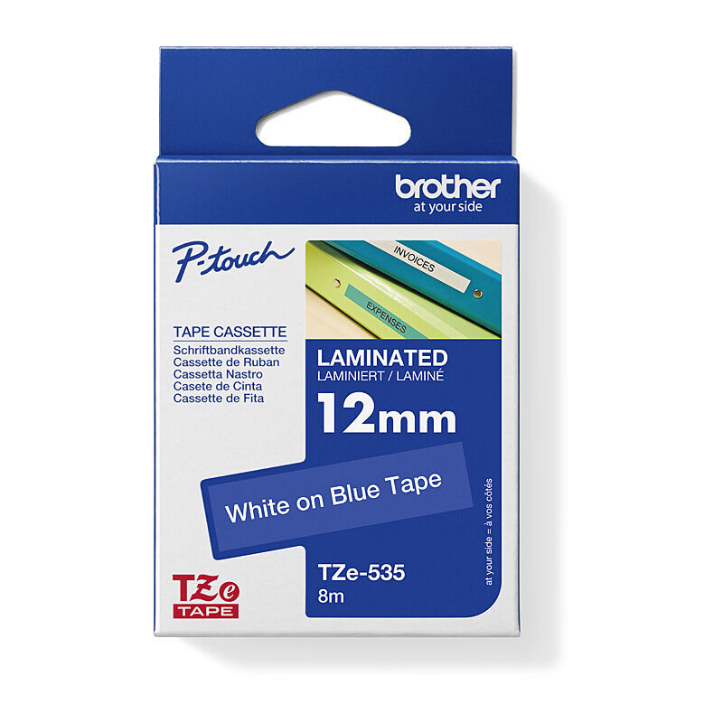 Brother TZe-535 White on Blue, 12 mm × 8 m Laminated Label Tape