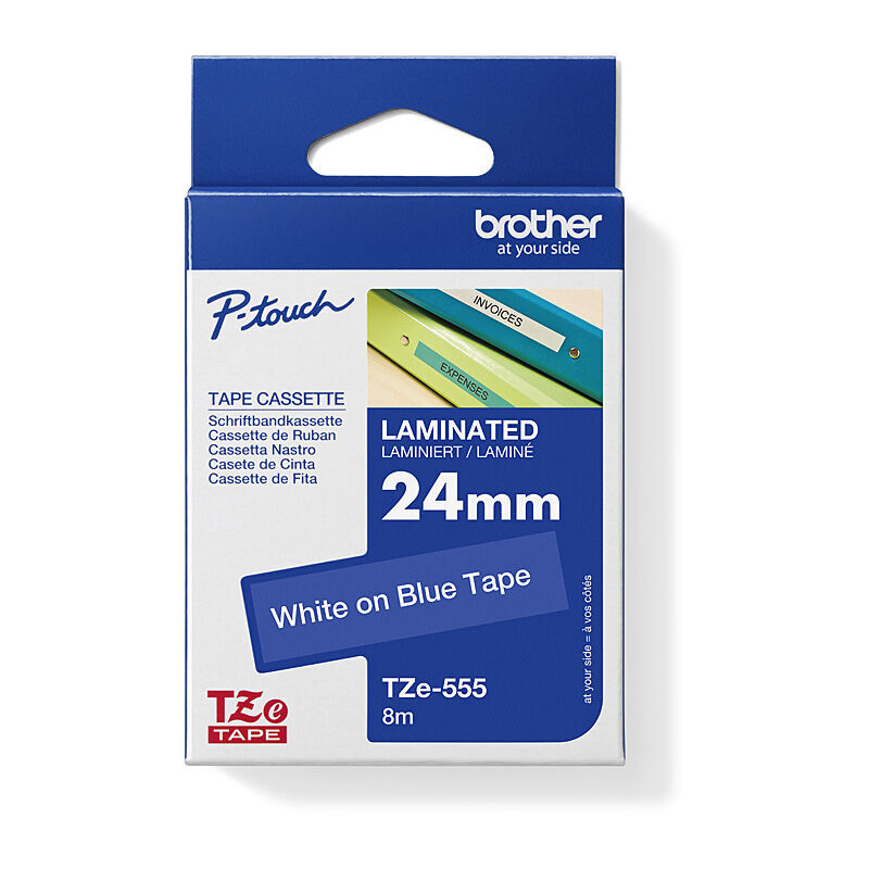 Brother TZe-555 White on Blue, 24 mm × 8 m Laminated Label Tape