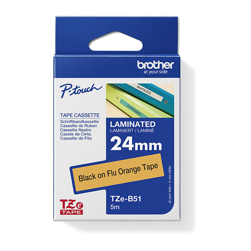 Brother TZe-B51 Black on Orange, 24 mm × 5 m Fluorescent Laminated Label Tape