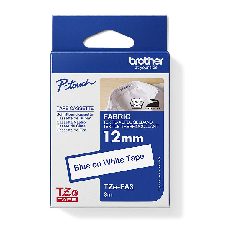 Brother TZe-FA3 Blue on White, 12 mm × 3 m Iron-On Fabric Tape