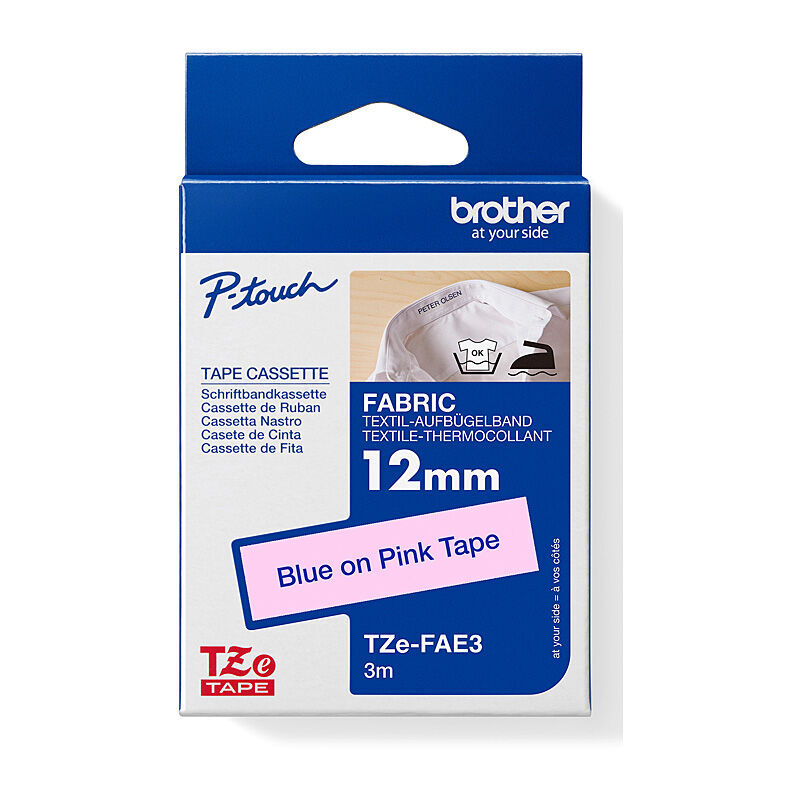 Brother TZe-FAE3 Blue on Pink, 12 mm × 3 m Iron-On Fabric Tape