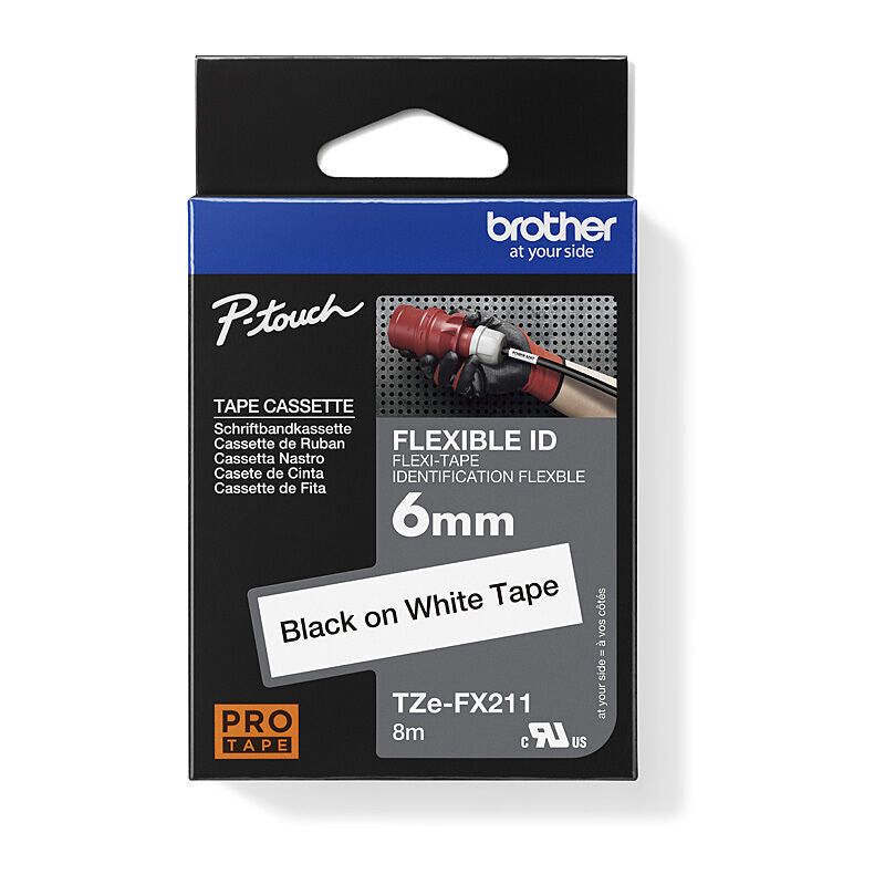 Brother TZe-FX211 Black on White, 6 mm × 8 m Flexible ID Label Tape