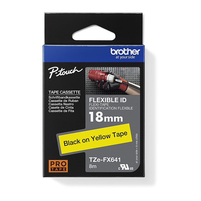 Brother TZe-FX641 Black on Yellow, 18 mm × 8 m Flexible ID Label Tape