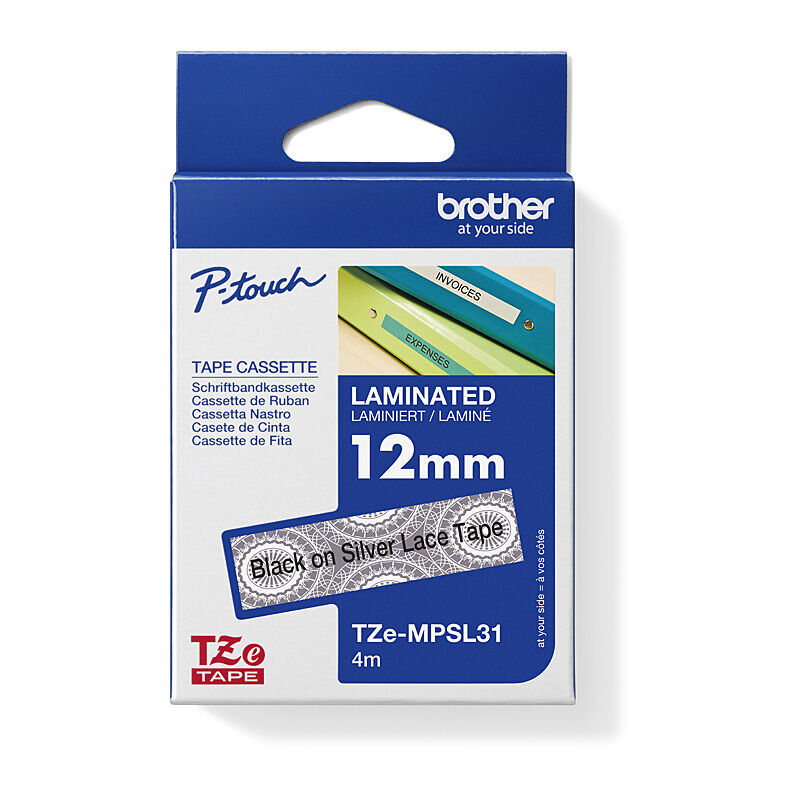 Brother TZe-MPSL31 Black on Silver Lace, 12 mm × 4 m Patterned Laminated Label Tape