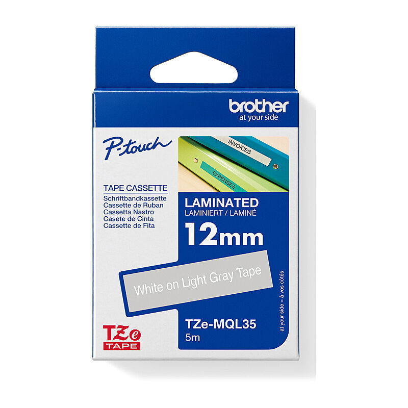 Brother TZe-MQL35 White on Grey, 12 mm × 5 m Decorative Laminated Label Tape