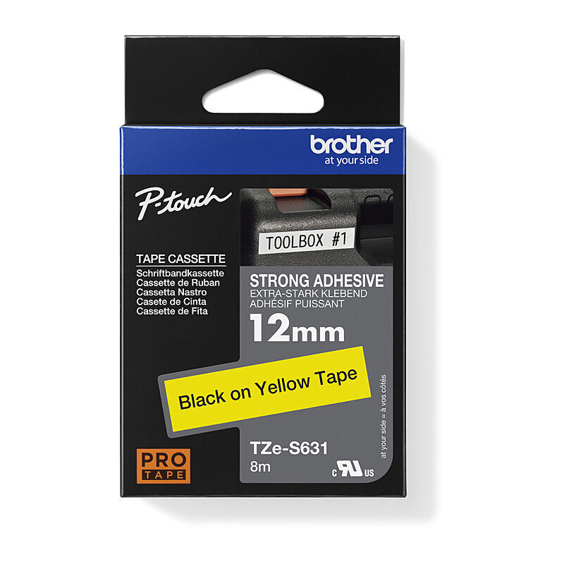 Brother TZe-S631 Black on Yellow, 12 mm × 8 m Strong Adhesive Laminated Label Tape