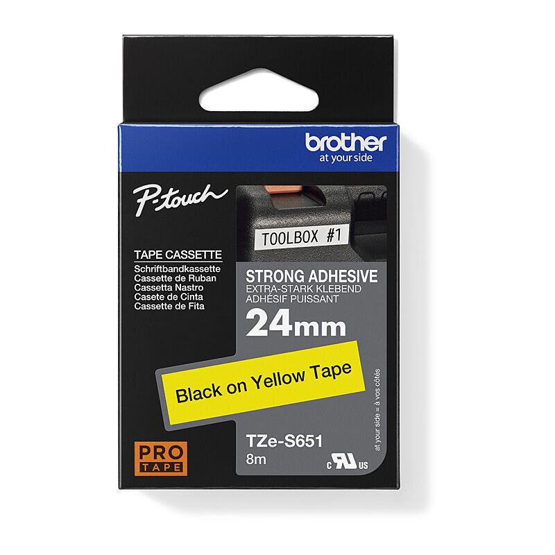Brother TZe-S651 Black on Yellow, 24 mm × 8 m Strong Adhesive Laminated Label Tape