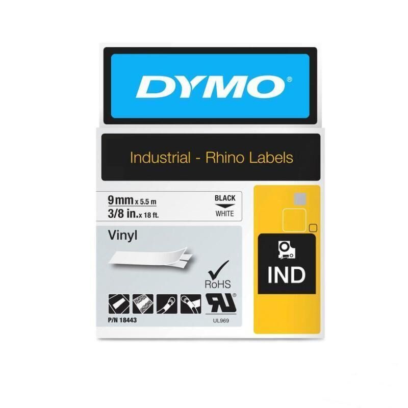 DYMO Rhino 18443 Vinyl Label Tape, 9 mm × 5.5 m, Black on White
