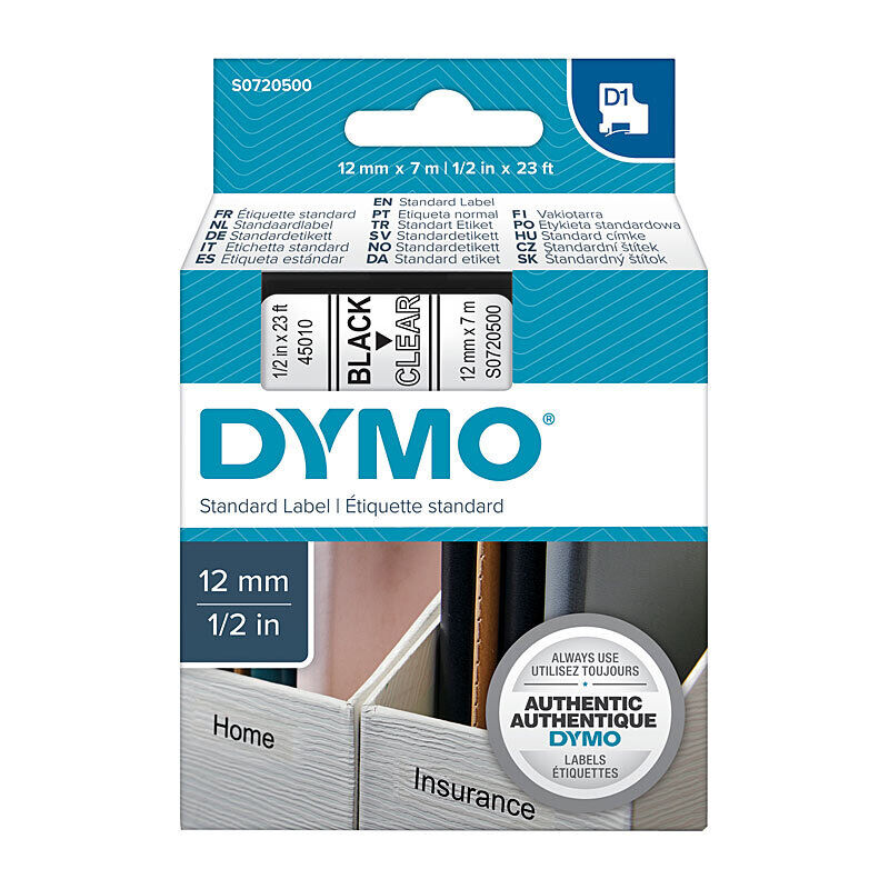 DYMO D1 S0720500 Label Tape, 12 mm × 7 m, Black on Clear