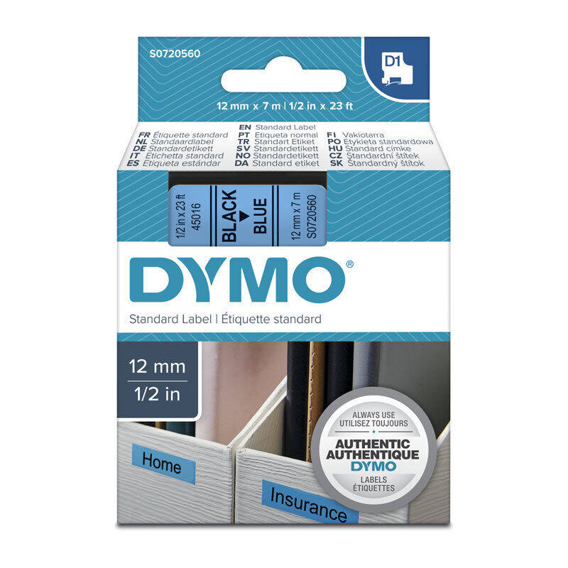 DYMO D1 S0720560 Label Tape, 12 mm × 7 m, Black on Blue