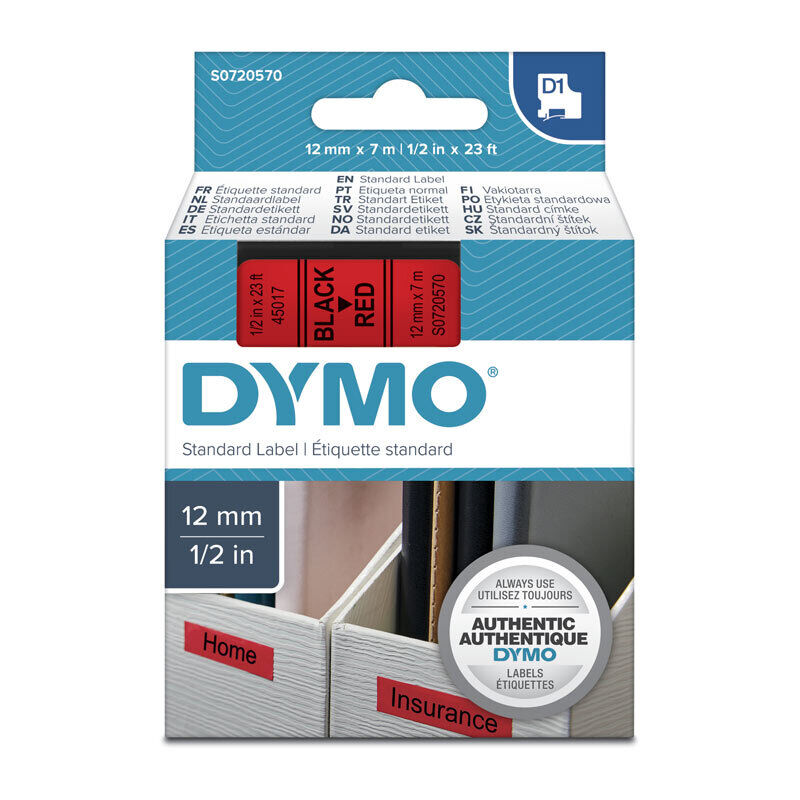 DYMO D1 S0720570 Label Tape, 12 mm × 7 m, Black on Red